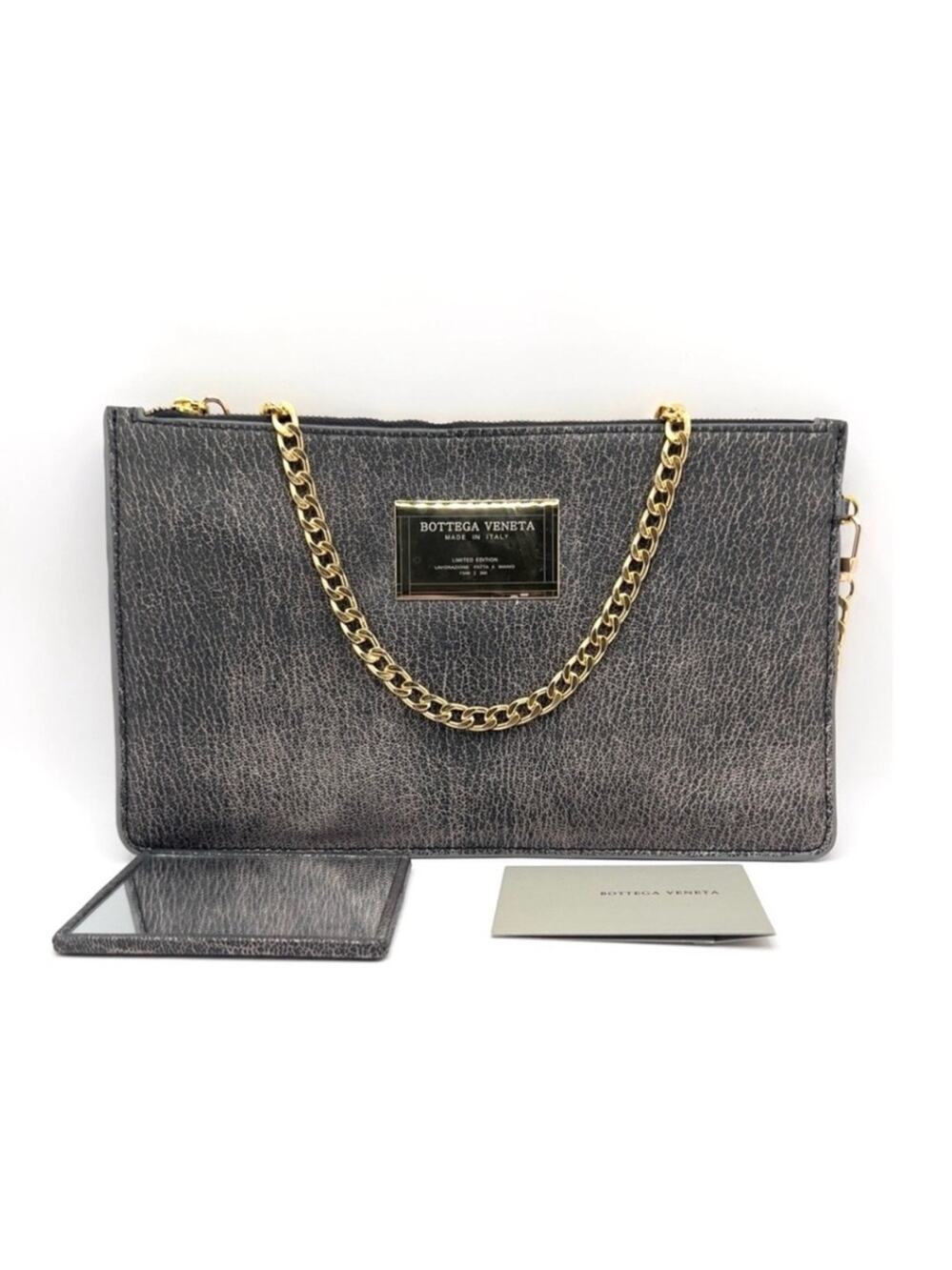 LIMITED EDITION Bottega Veneta Leather Clutch Pouch W/ Mirror & Unbranded Chain